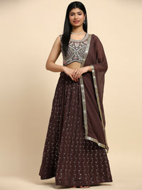 Thumbnail for Brown Georgette Embroidered Lehenga choli with Dupatta - Dhara - Distacart