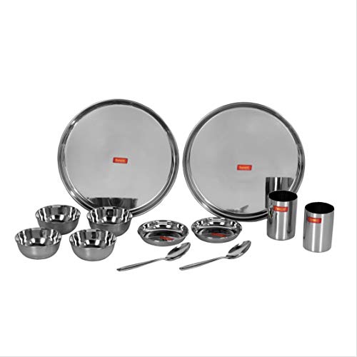 sumeet stainless steel solid heavy gauge mirror finish dinner set of 12 pcs 2 plate 2 small halwa plate 4 bowl wati 2 glass 2 spoon