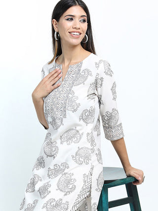 Vishudh Off White Floral Printed Notch Neck Straight Kurta With Palazzos - Distacart