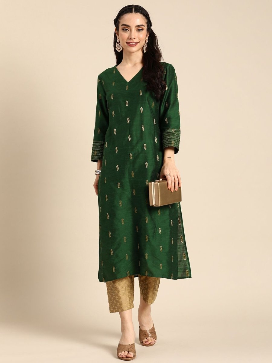 Anouk Women Green & Gold-Toned Ethnic Motifs Dobby Kurta