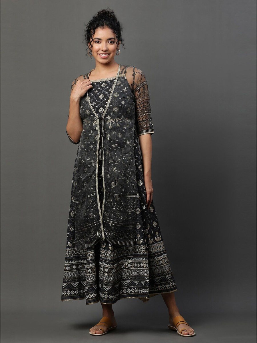 AURELIA Ethnic Motifs Printed Shoulder Straps Ethnic Dress With Jacket - Distacart