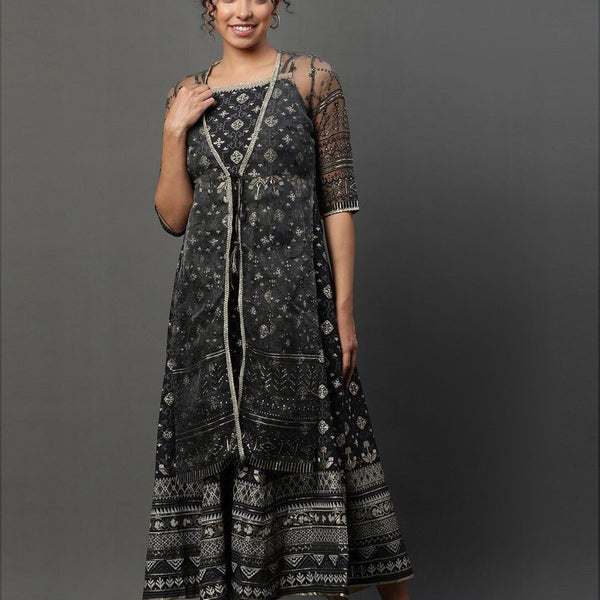 AURELIA Ethnic Motifs Printed Shoulder Straps Ethnic Dress With Jacket - Distacart