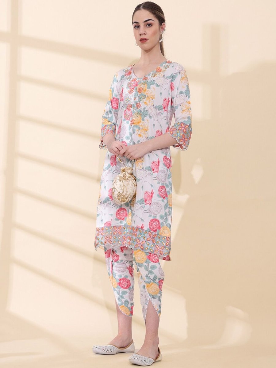 Anouk Floral Printed Thread Work V-Neck Kurta With Dhoti Pants & Dupatta