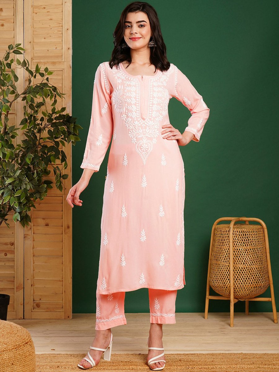 ADA Ethnic Motifs Embroidered Chikankari Kurta with Trousers - Distacart