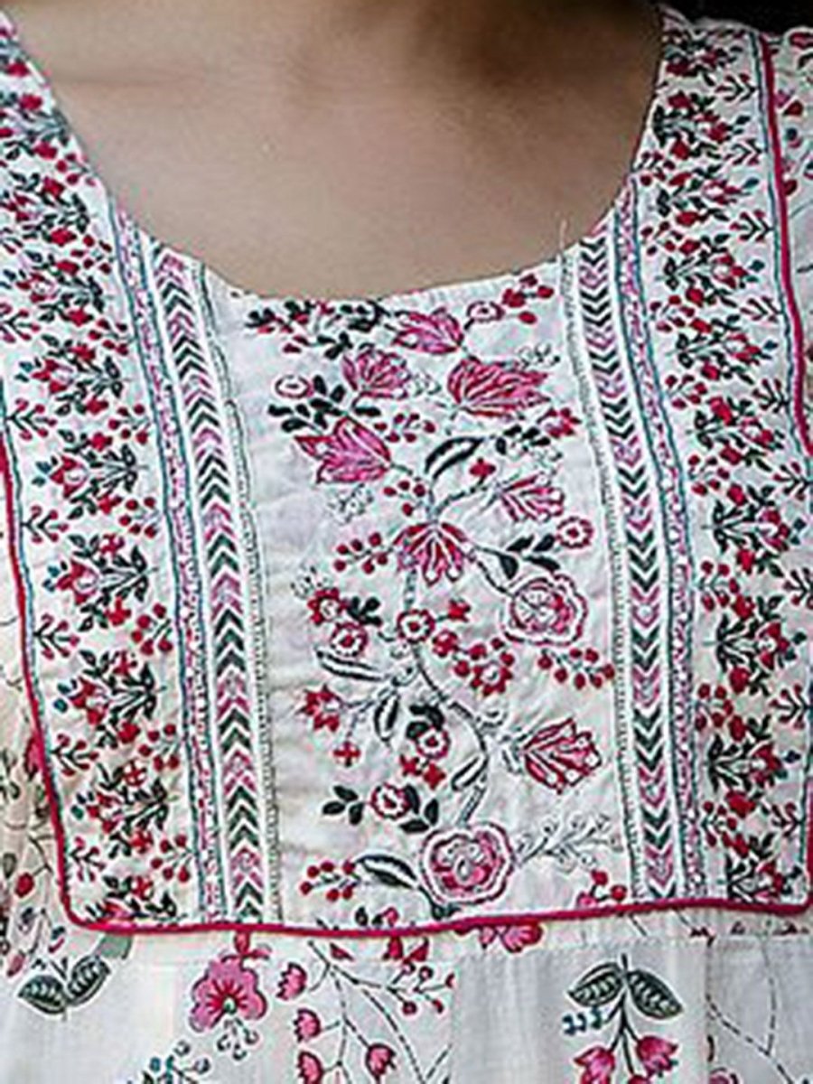 Anouk White Floral Printed Thread Work Pure Cotton Anarkali Kurta With Trouser & Dupatta - Distacart