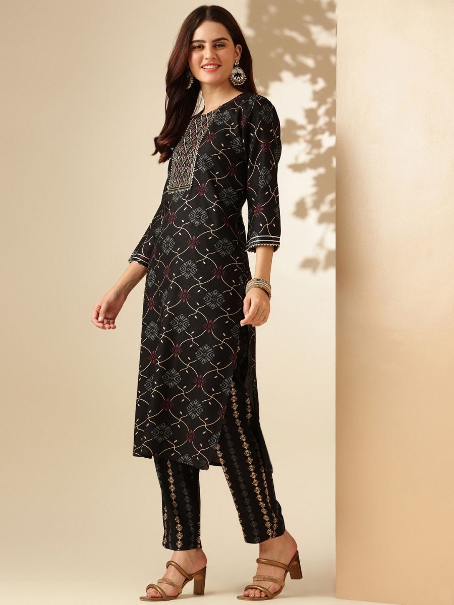 Anouk Black Ethnic Motifs Printed Regular Straight Kurta with Trousers
