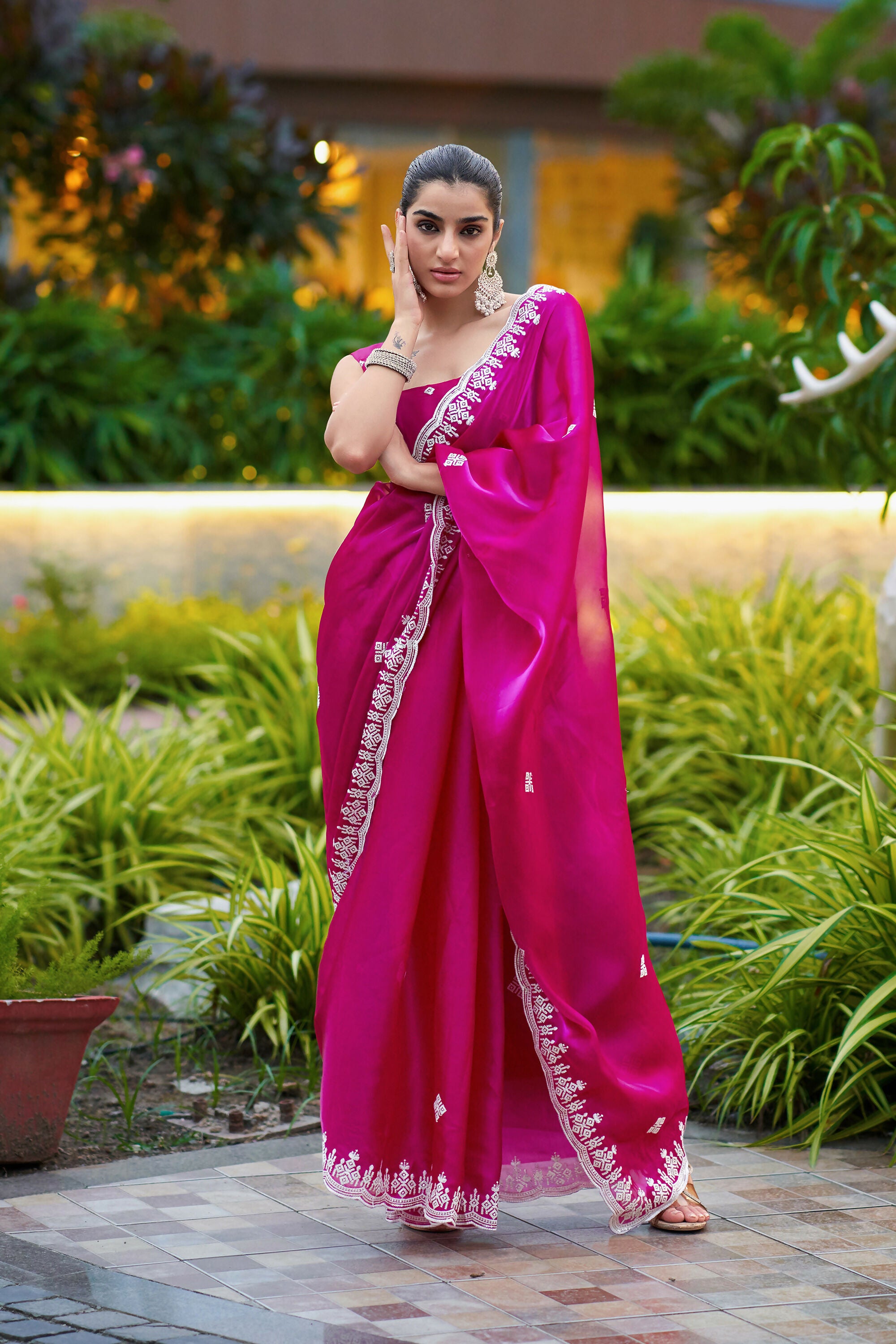 Vastranavya Pink Embroidery Work Shimmer Chiffon Saree with Unstitched Blouse