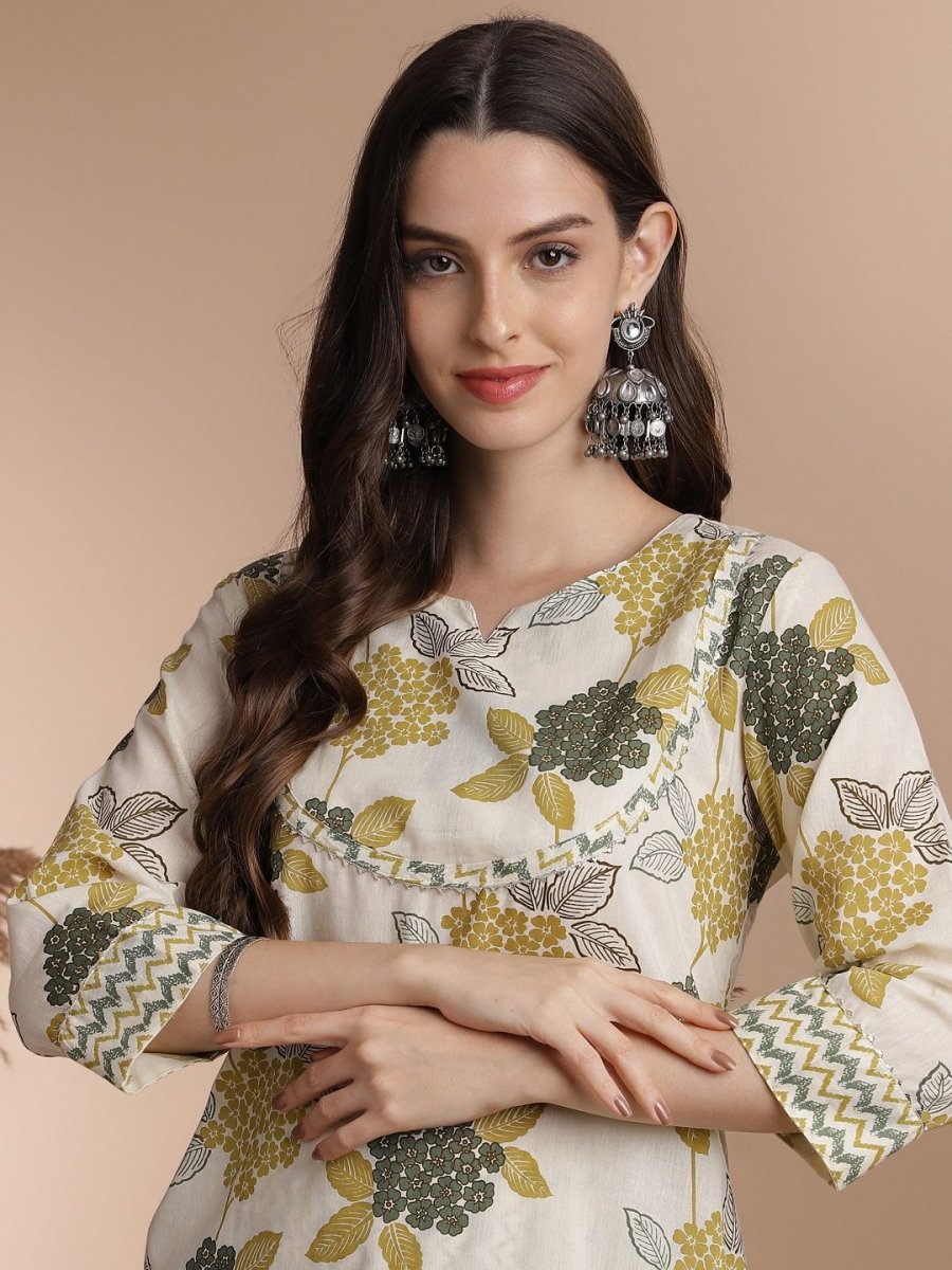 Anouk Off White Floral Printed Gotta Patti Detail Pure Cotton Straight Kurta With Trouser - Distacart