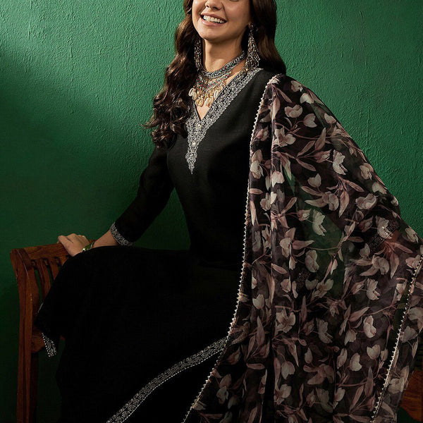 Sangria Floral Embroidered Straight Kurta With Trouser & Dupatta - Distacart