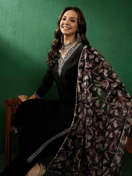 Sangria Floral Embroidered Straight Kurta With Trouser & Dupatta