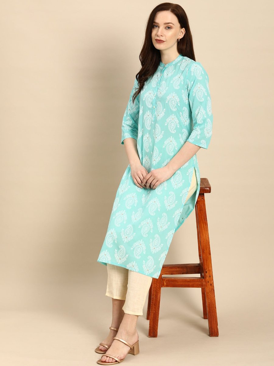 All About You Women Turquoise Blue & White Printed Pure Cotton Straight Kurta - Distacart