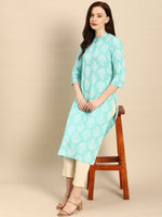 Thumbnail for All About You Women Turquoise Blue & White Printed Pure Cotton Straight Kurta - Distacart