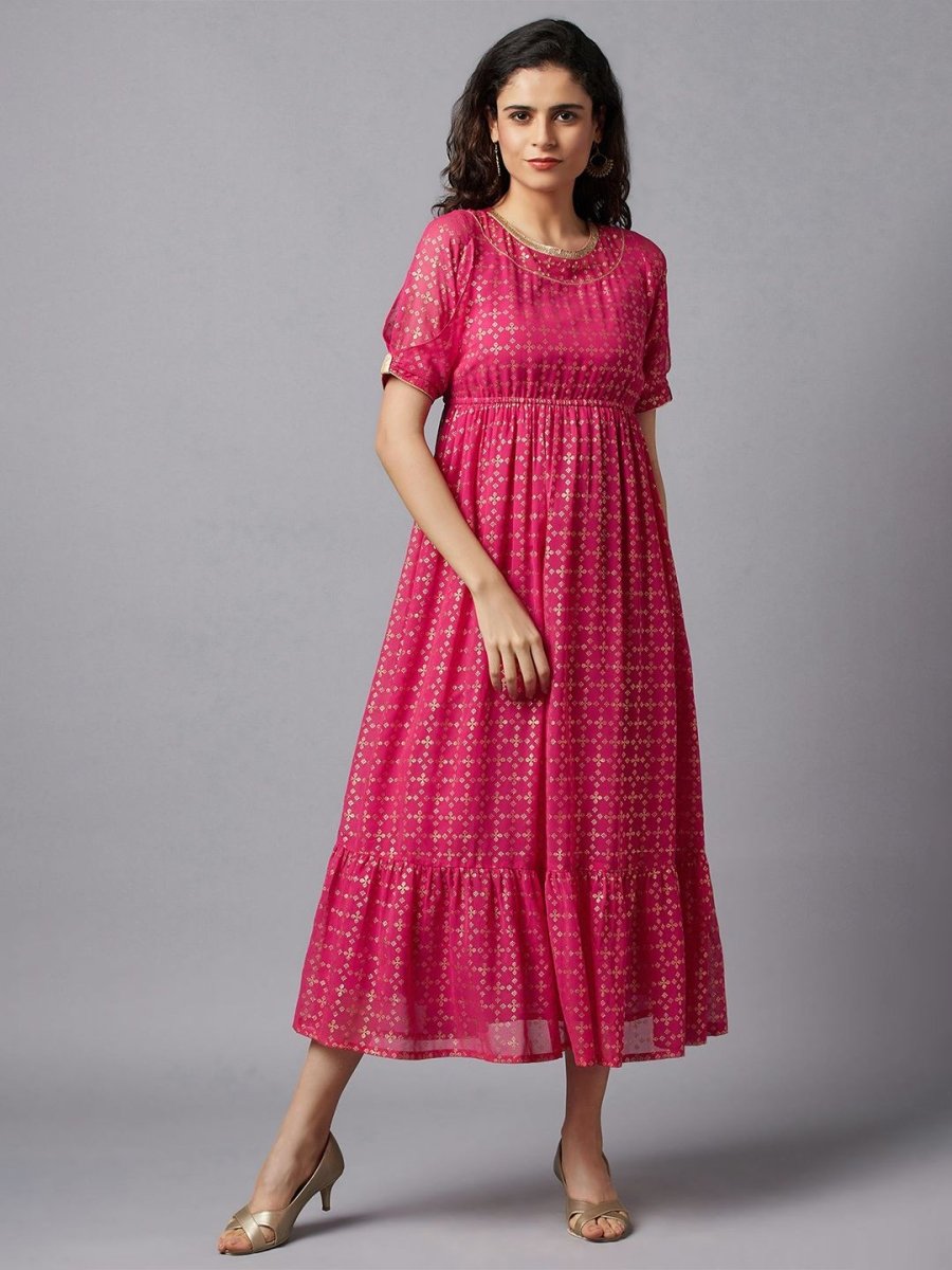 AURELIA Fuchsia & Gold-Toned Ethnic Motifs Ethnic Midi Dress - Distacart