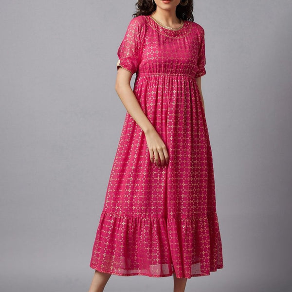 AURELIA Fuchsia & Gold-Toned Ethnic Motifs Ethnic Midi Dress - Distacart