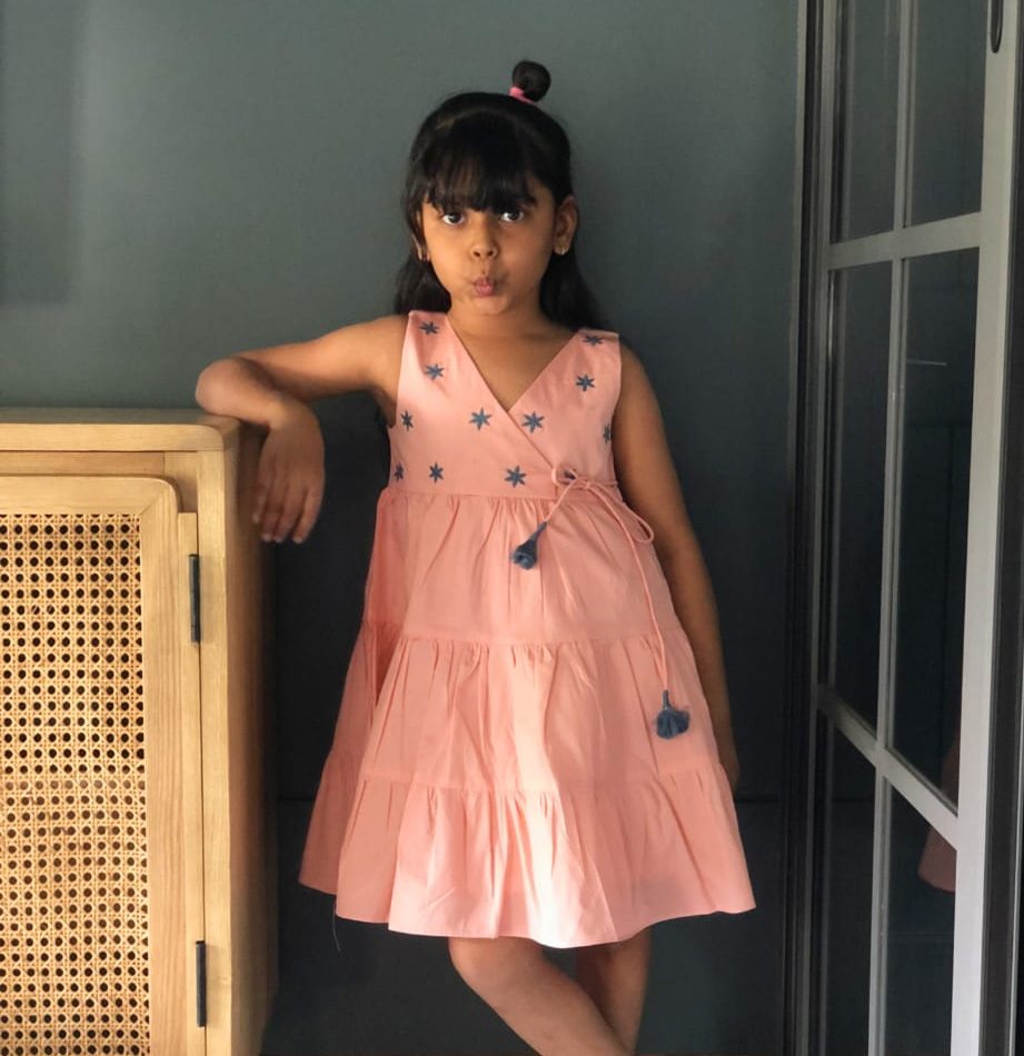 ArthLife Peach Flower Embroidered Tiered Dress - Distacart