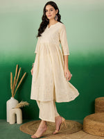 Thumbnail for Sangria Off White Floral Embroidered Mirror Work Pure Cotton Anarkali Kurta Set
