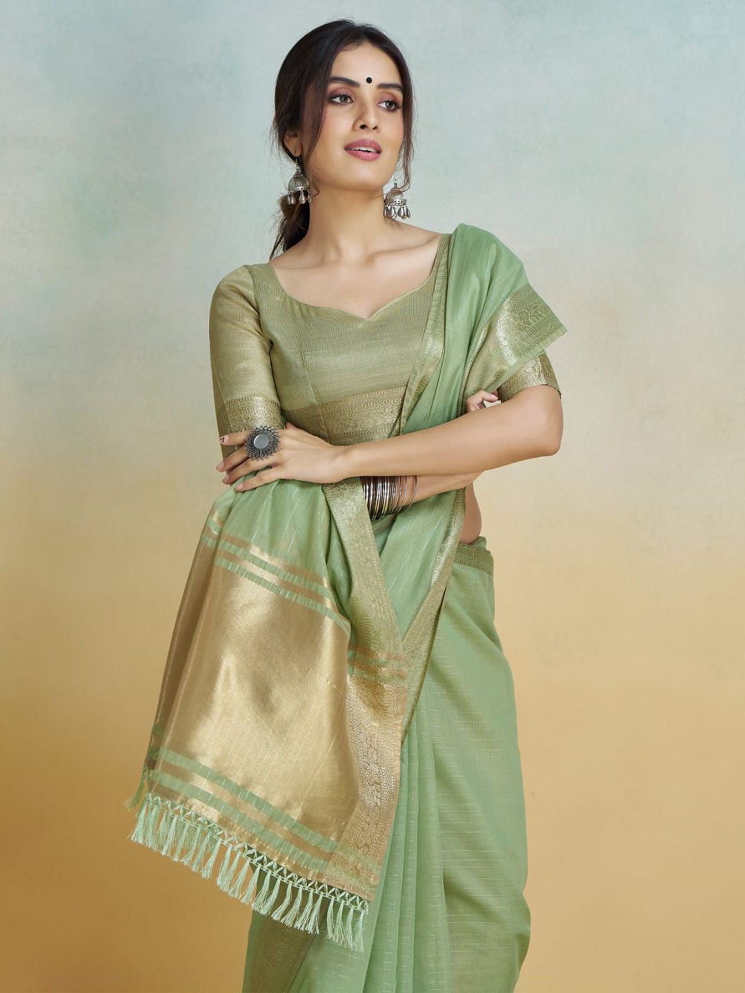 Mitera Striped Zari Pure Cotton Chanderi Saree - Distacart