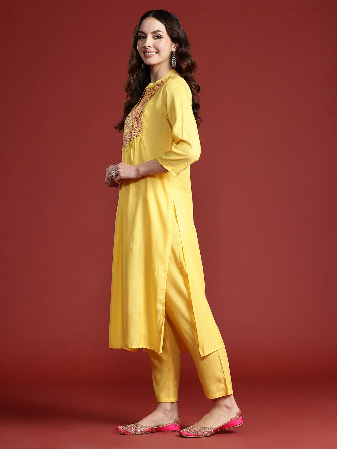 Indo Era Women Embroidered Panelled Mirror Work Pure Cotton Kurta with Trousers & Dupatta