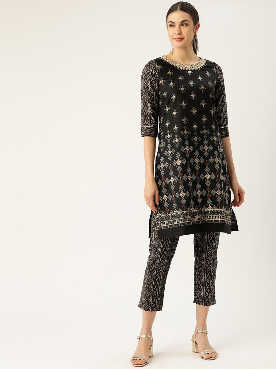 All About You Women Black & Golden Printed Sequinned Kurta with Trousers - Distacart