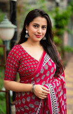 Thumbnail for Rani Poly Georgette Ajrak Saree with Unstitched Blouse - Hiral Fashion - Distacart