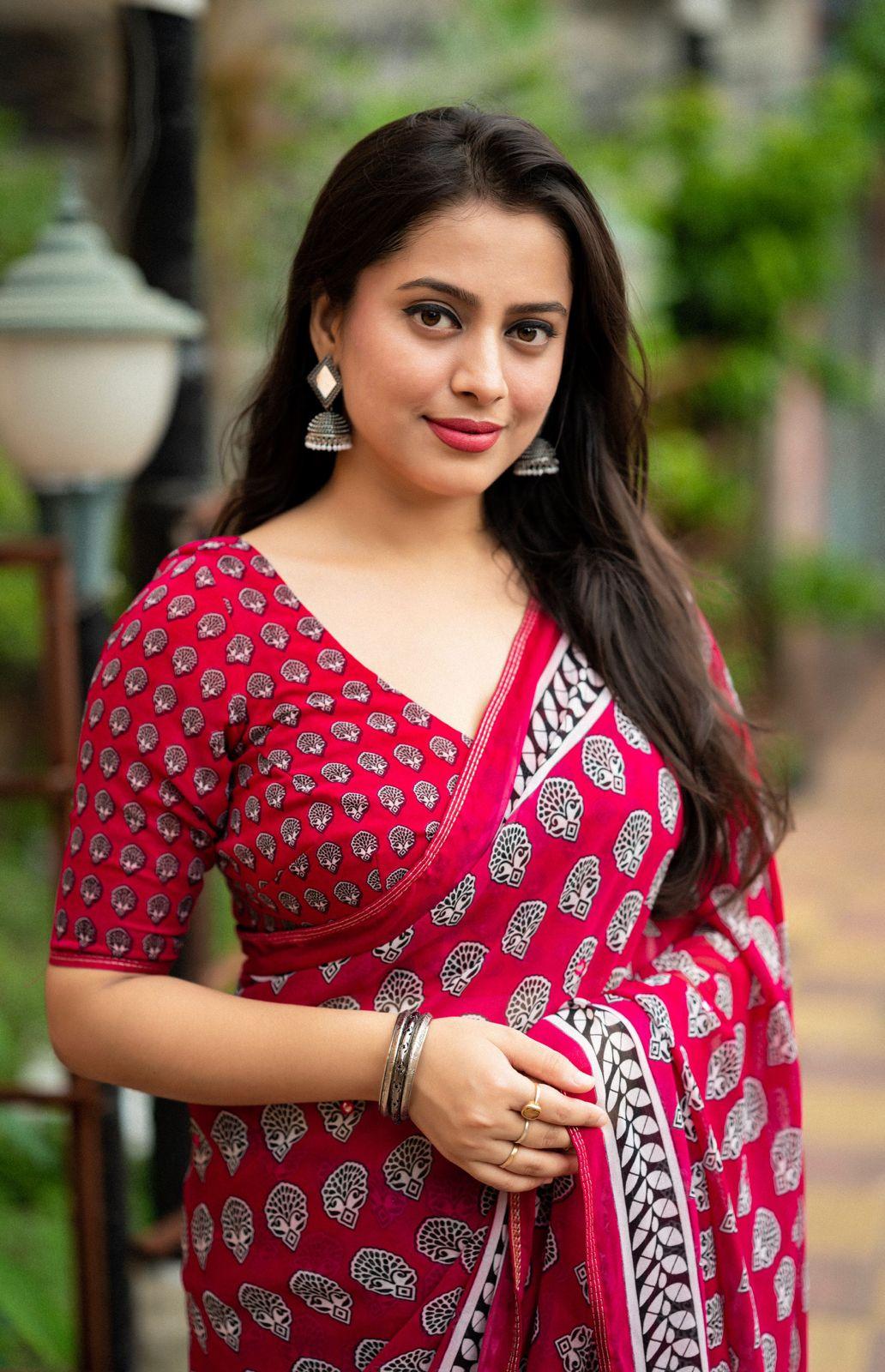 Rani Poly Georgette Ajrak Saree with Unstitched Blouse - A2M - Distacart