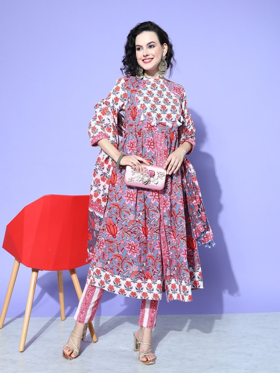 All About You Floral Printed Mirror Work Pure Cotton Kurta With Trousers & Dupatta - Distacart