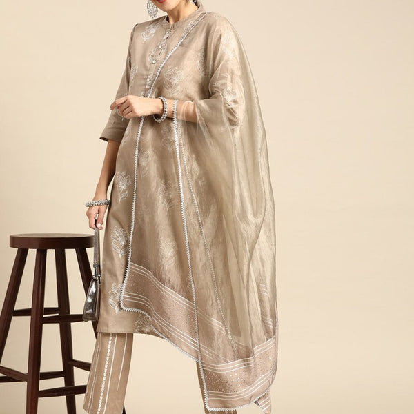 Anouk Women Beige Floral Print Pure Cotton Kurta with Palazzos & Dupatta - Distacart