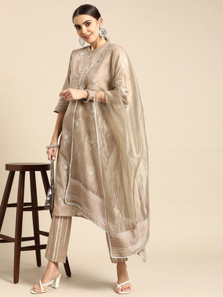 Anouk Women Beige Floral Print Pure Cotton Kurta with Palazzos & Dupatta - Distacart