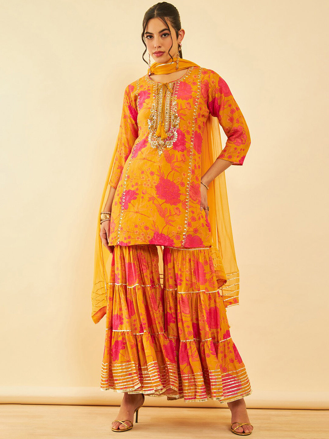 Soch Floral Printed Regular Zardozi Kurta with Sharara & Dupatta - Distacart