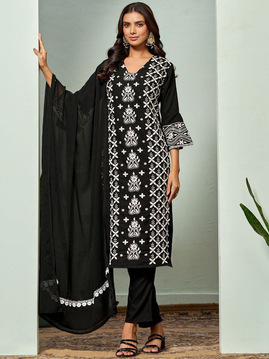 Sangria Chikankari Embroidered Straight Kurta & Trouser With Dupatta - Distacart