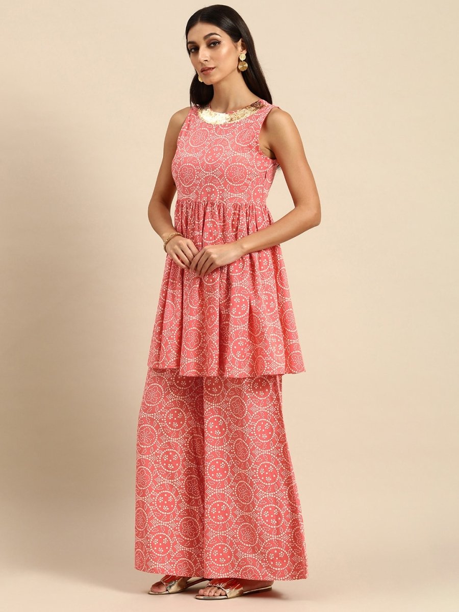 All About You Women Peach Pin & White Bandhani Print Pleated Sequinned Kurti with Palazzos - Distacart