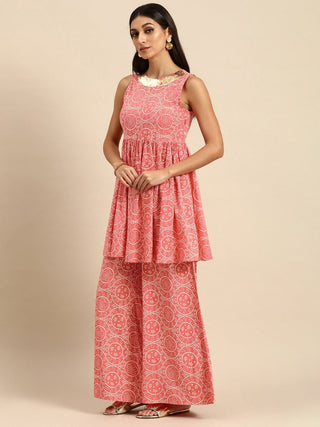 All About You Women Peach Pin & White Bandhani Print Pleated Sequinned Kurti with Palazzos - Distacart