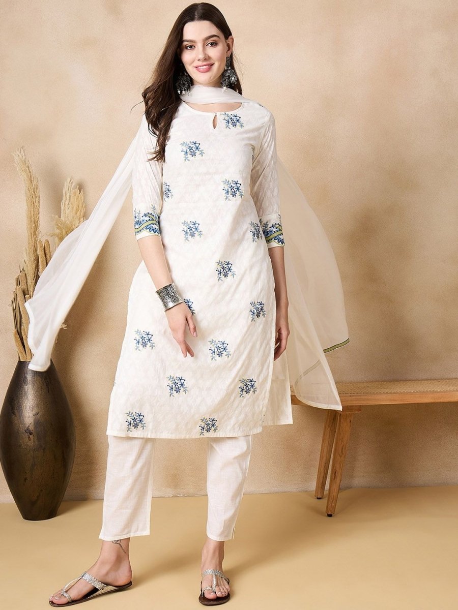 Anouk Floral Embroidered Thread Work Pure Cotton Straight Kurta with Trousers & Dupatta - Distacart