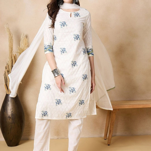 Anouk Floral Embroidered Thread Work Pure Cotton Straight Kurta with Trousers & Dupatta - Distacart