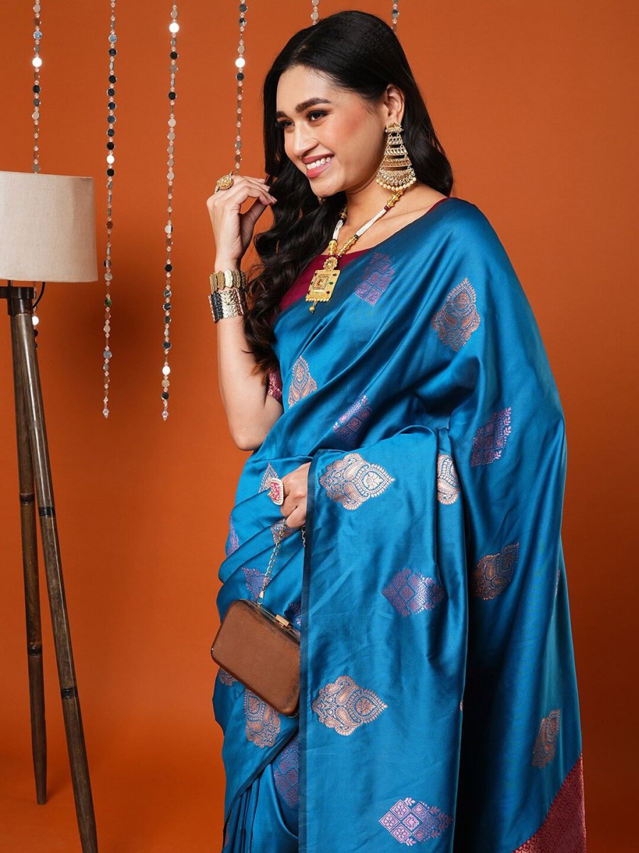 Anouk Blue & Gold-Toned Ethnic Motifs Woven Design Banarasi Saree - Distacart