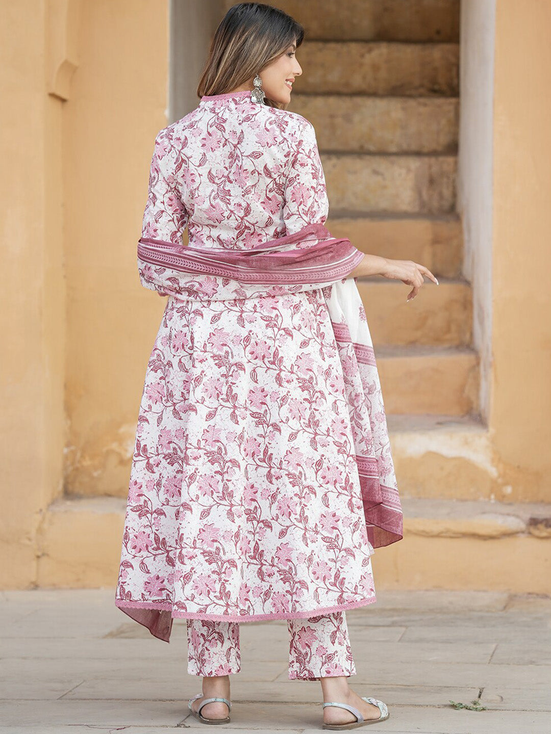 Kalini Floral Printed Regular Thread Work Pure Cotton Kurta with Trouser & With Dupatta - Distacart