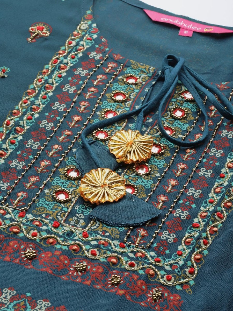 Anubhutee Women Teal Ethnic Motifs Thread Work Kurta with Palazzos & With Dupatta - Distacart