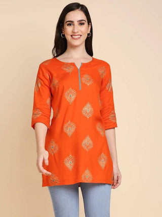 Anubhutee Orange & Golden Printed Straight Kurti - Distacart