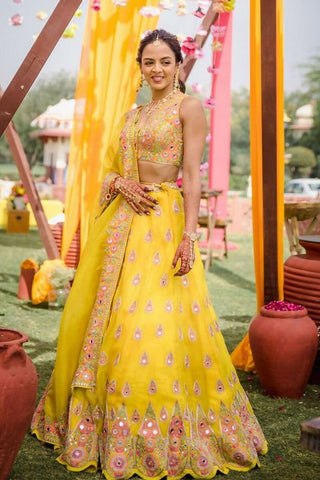 Jyoti Fashion Yellow Thread with Mirror Embroidery Georgette Lehenga Choli with Dupatta - Distacart