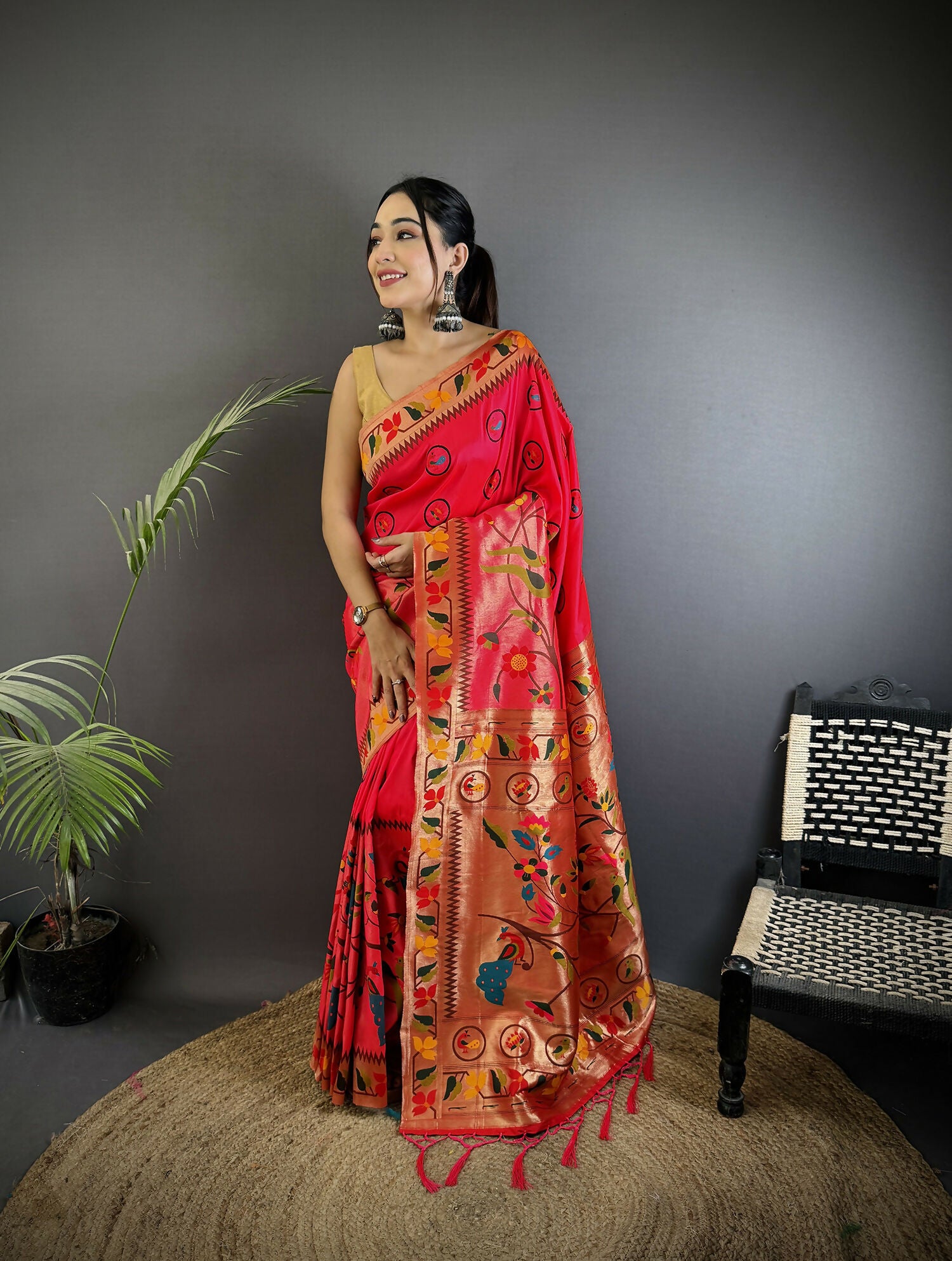 Joban Fashion Red Paithani Soft Silk Meenakari Saree