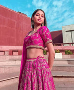 Thumbnail for Jyoti Fashion Glamorous Rani Pink Chapat Zari and Dori Embroidered Malai Satin Silk Lehenga Choli with Dupatta - Distacart