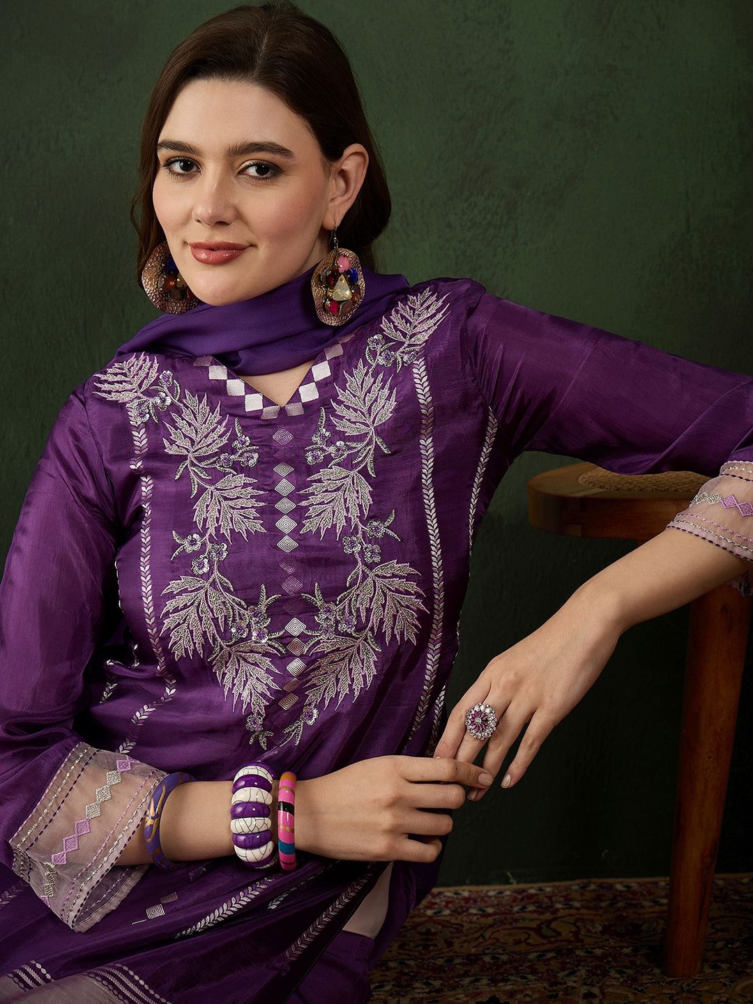 Sangria Embroidered Kurta & Trouser With Dupatta - Distacart