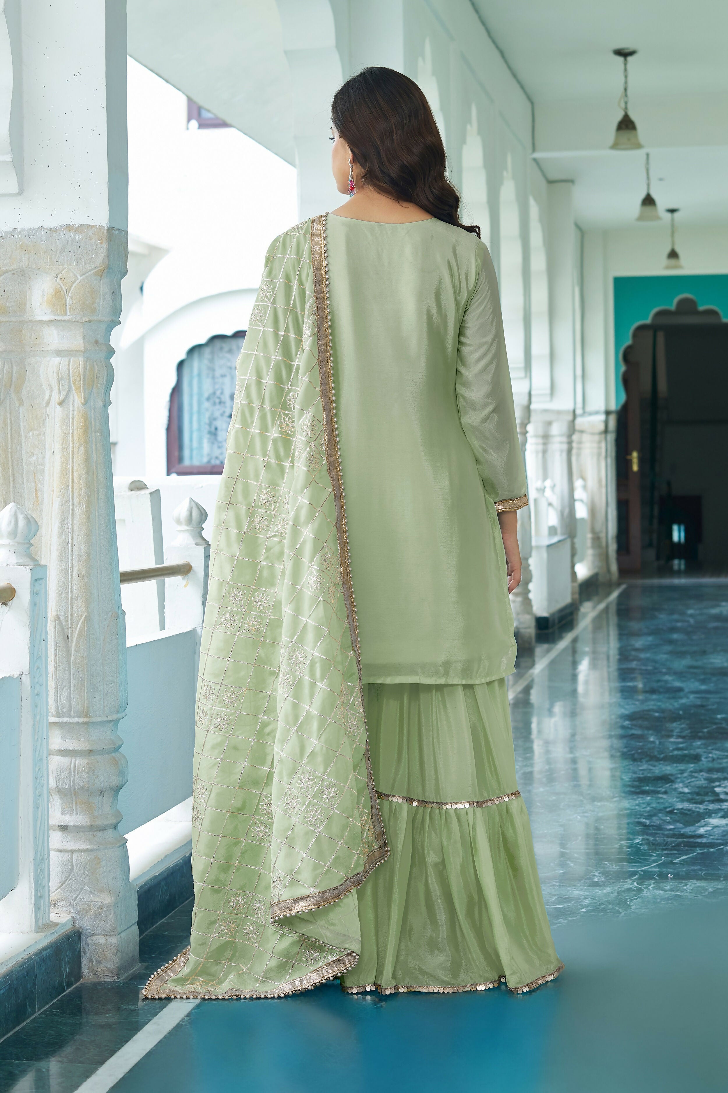 Joban Fashion Pista Chinon Silk Embroidery Sequence Work Readymade Kurta Set - Distacart
