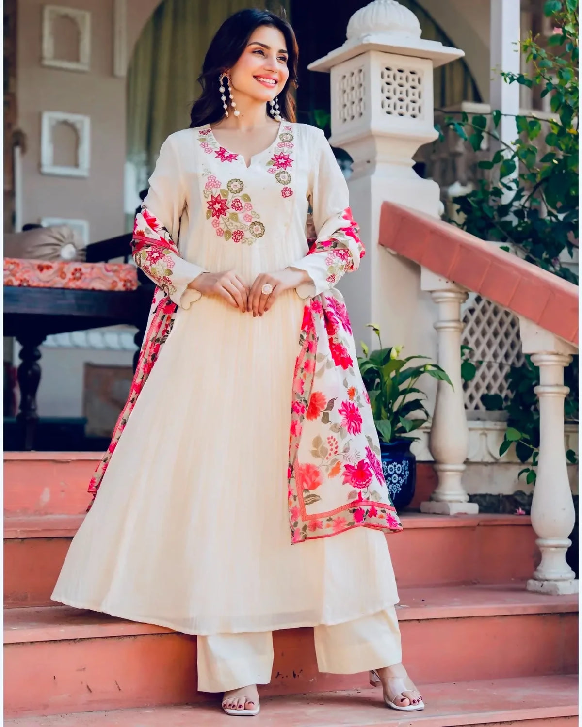 Teeya Creation Cream Floral Embroidered Anarkali Palazzo Suit Set