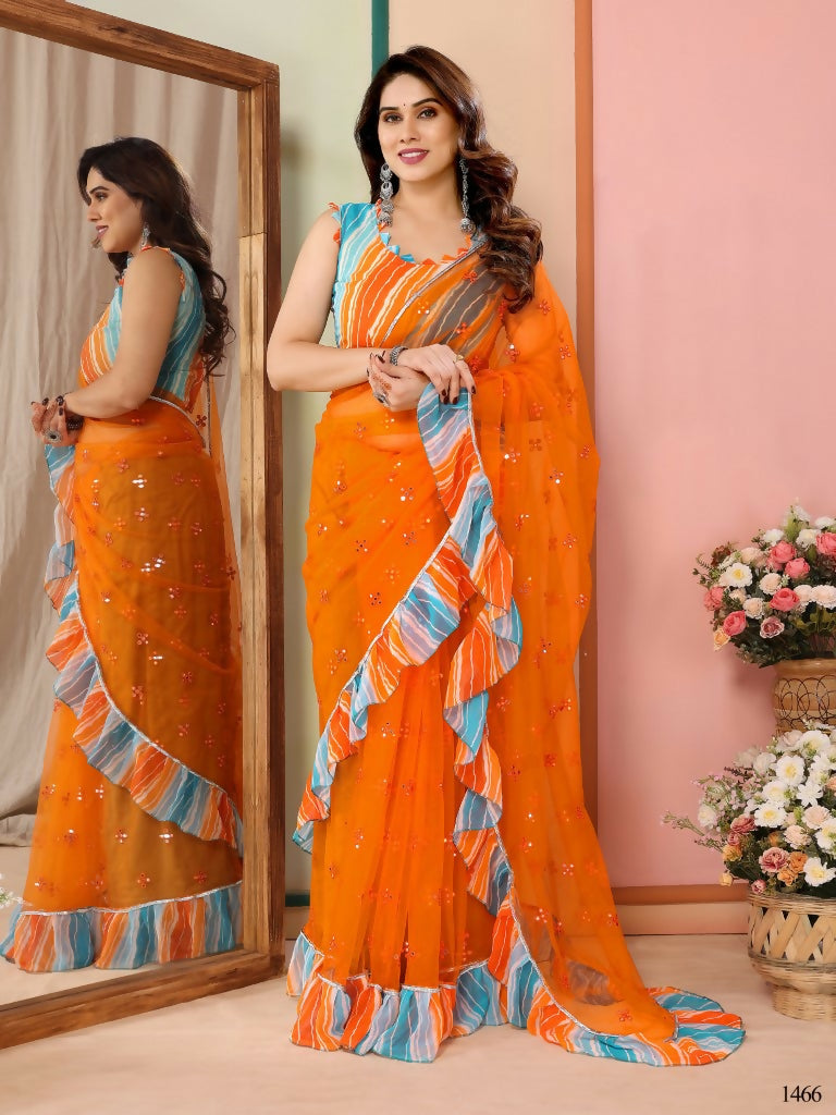 Partywear Designer Orange Net Fancy Saree - Dyuti - Distacart