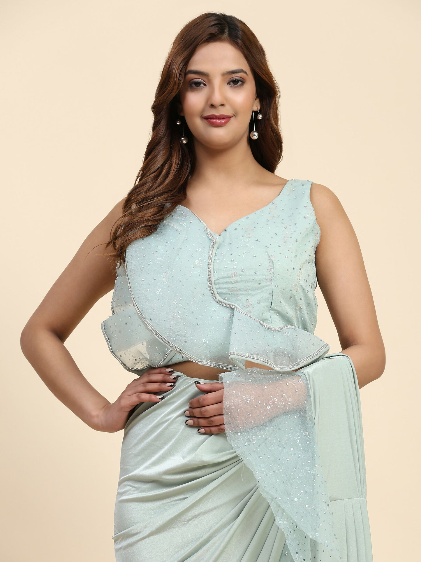 Light Blue Lycra Solid Ready to Wear Saree with stitched Blouse - Nita - Distacart