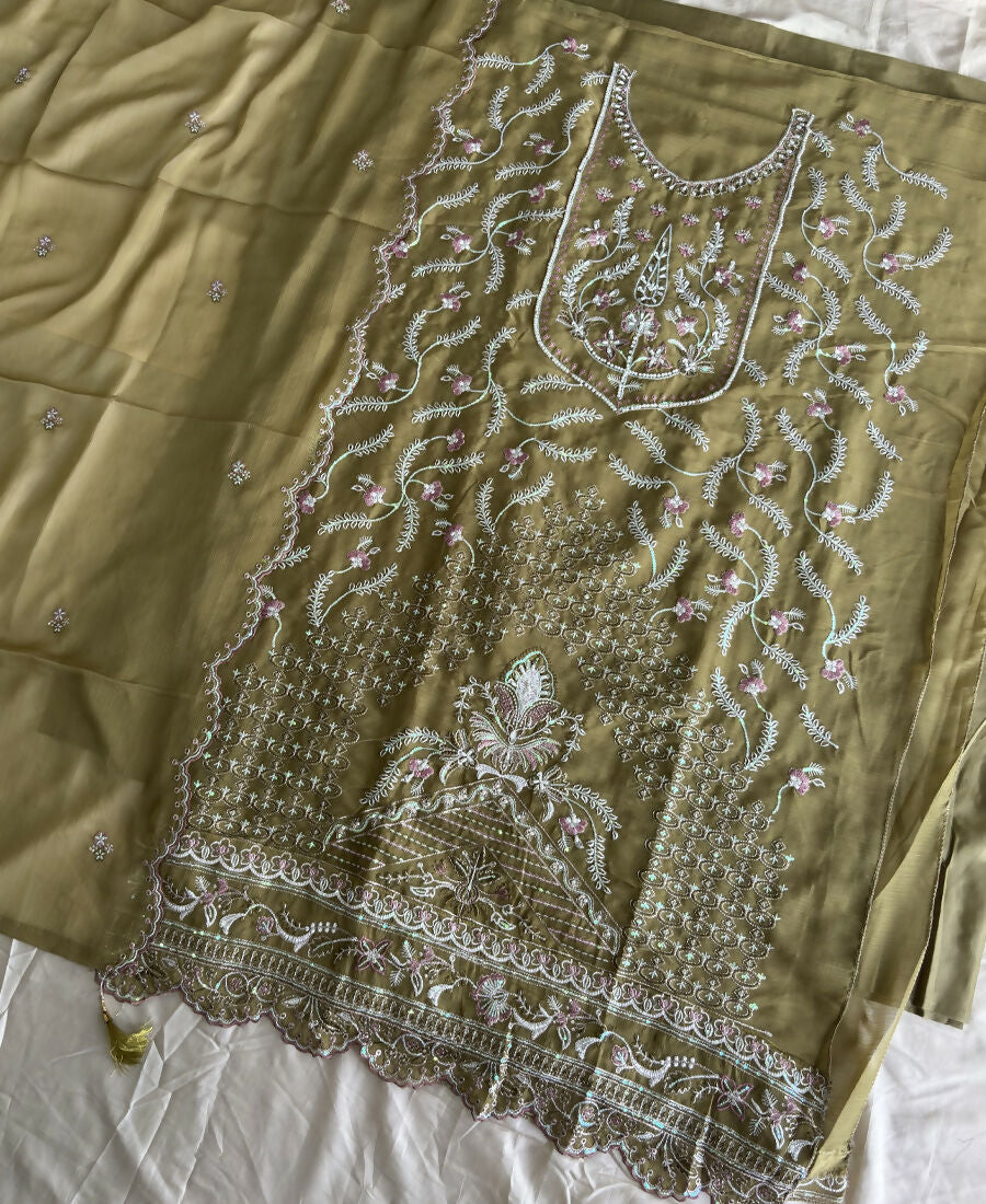 KC Beautiful Mustard Chiffon Silk Hand Embroidery Suit For Women - Dista