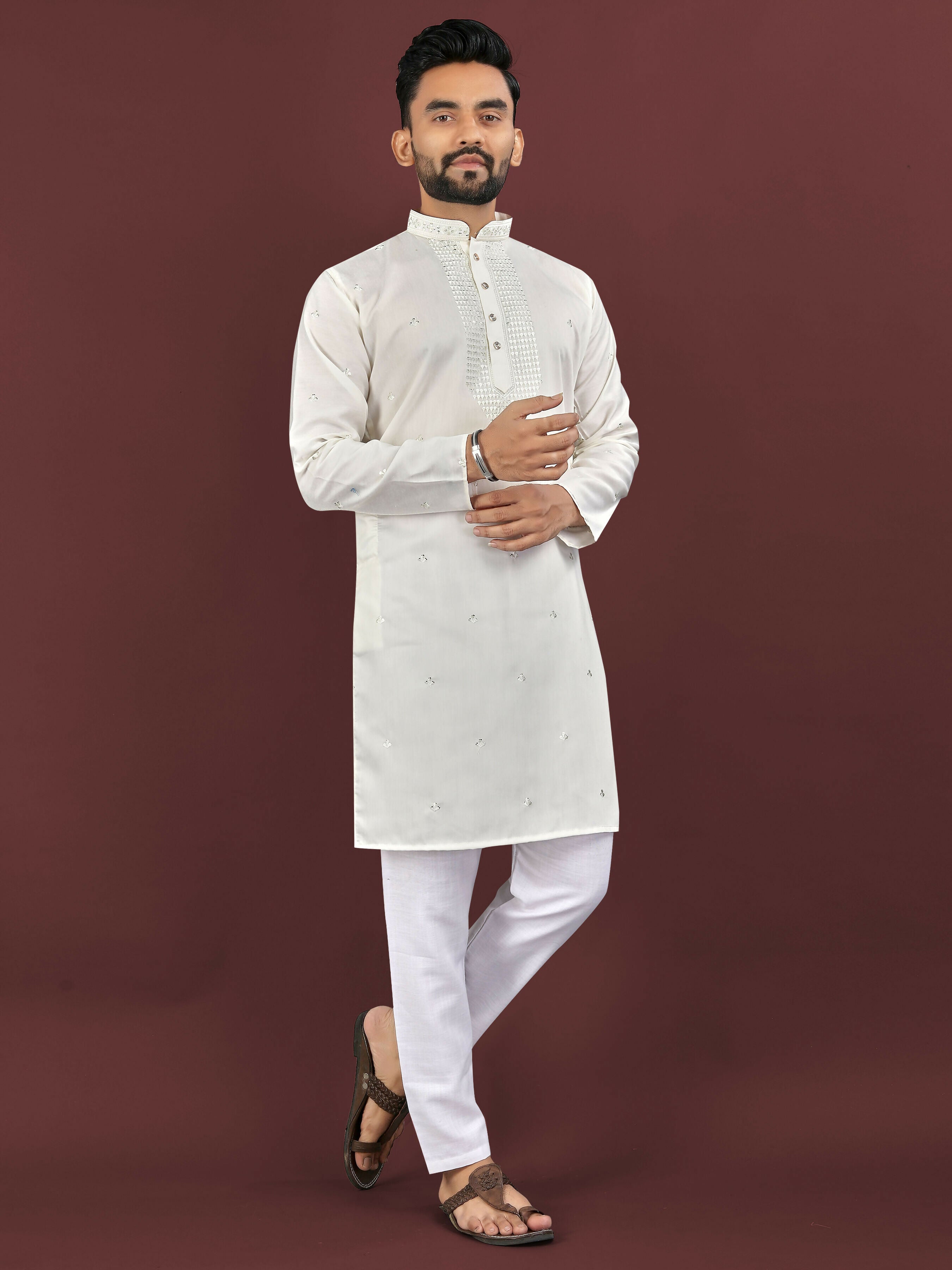 Anaita Beige Embroidered Silk Straight Kurta - Distacart