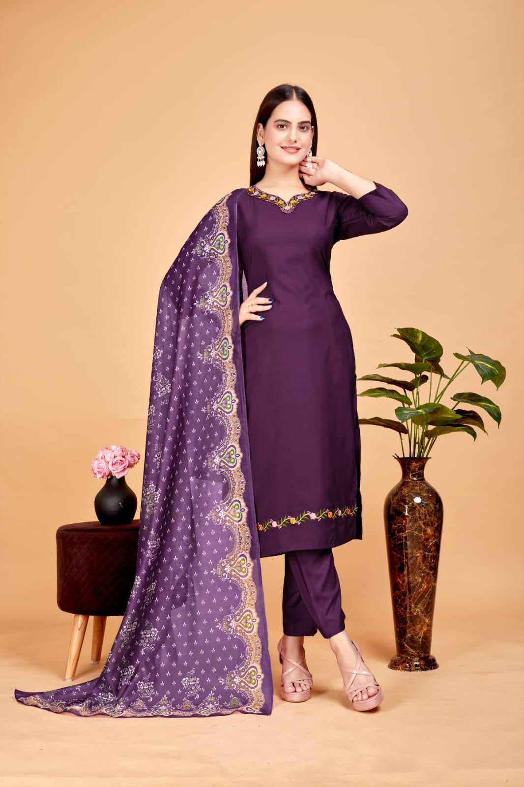 Women's Embroidered Purple Kurta Set with Dupatta Set - A2M - Distacart