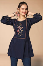 Thumbnail for Women's Navy Blue Viscose blend Embroidered Short Top - Marina - Distacart